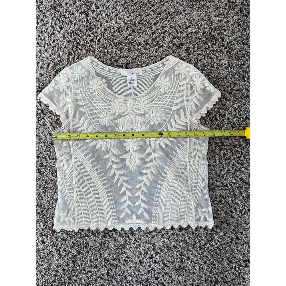 Say What? Womens Cream Sheer Mesh Floral Embroidered Crop Top Boho Small - Picture 4 of 5